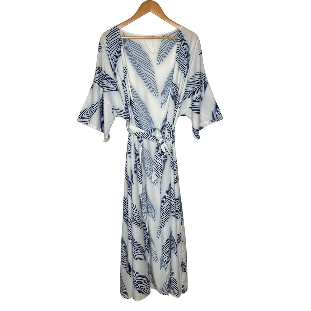 NWT Feather Print Maxi Kimono Waist Tie XL Coastal Semi Sheer Lightweight Beachy
